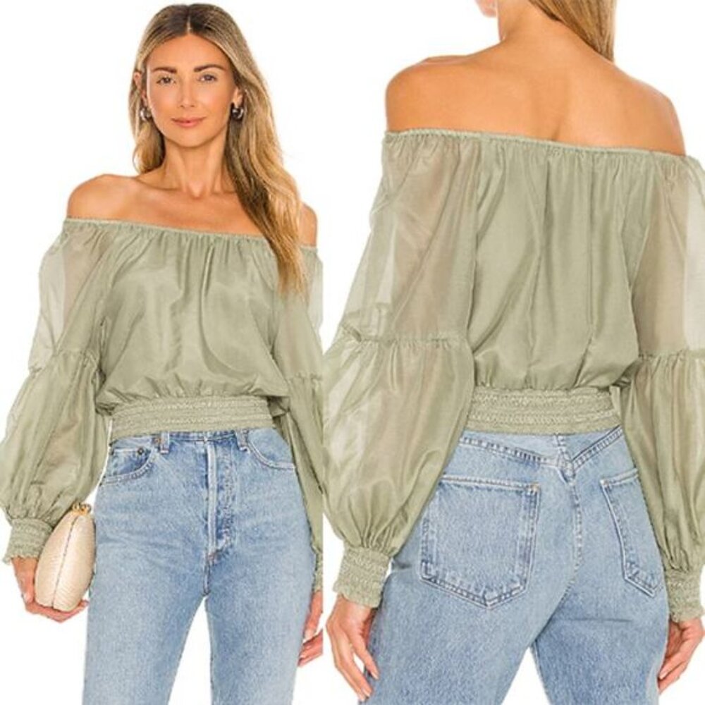 NEW Alice + Olivia Azalea Peasant Off-The-Shoulder Top Women's Sage Size: XS